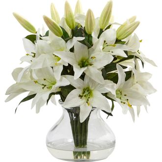 Nearly Natural 13.5-in Lily Artificial Arrangement with Glass Vase in White at Nordstrom