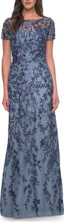 La Femme Floral Beaded Evening Dress with Sheer Cap Sleeves in Slate at Nordstrom, Size 14