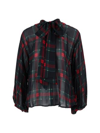Shirt a Porter Tartan Plaid Sheer Chiffon Bow Tie Blouse