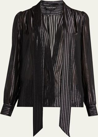 Tom Ford Metallic Striped Lavalliere Plunging Blouse