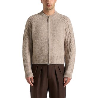 Mani&egrave;re De Voir Gaby Speckled Cable Knit Zip Cardigan in Taupe at Nordstrom, Size X-Large