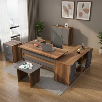 Dmora Set Da Ufficio Nari, Modulabile, 2 Ripiani, 3 Cassetti, Marrone Noce