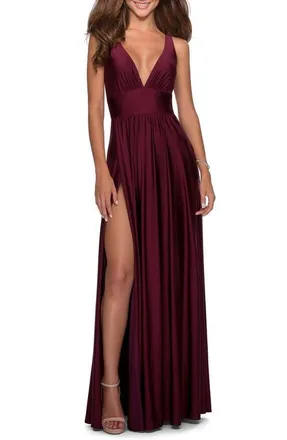 La Femme Empire Waist Gown with Deep V Neckline in Dark Berry at Nordstrom, Size 0