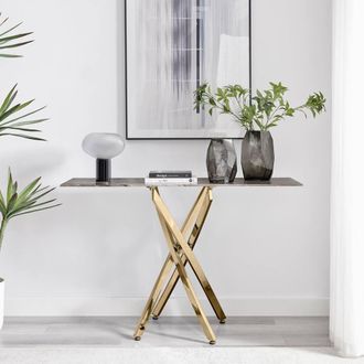 Furniturebox Leonardo Rectangular Marble Effect Glass Top Console Table With Gold Metal Starburst Legs in Grey