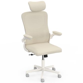 IDMarket Sedia Da Ufficio Ergonomica James In Tessuto Traspirante E Poggiatesta Con Rotelle Beige E Bianche