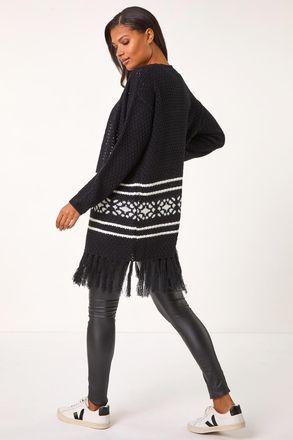 Roman Jacquard Fringe Hem Knit Cardigan