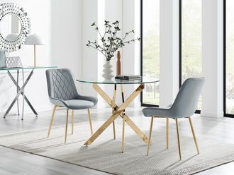 Furniturebox Novara 100cm Round Gold Leg Dining Table & 2 Pesaro Gold Leg Chairs in Grey