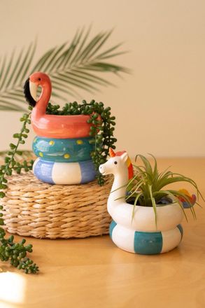 Kalalou Set Of Two Ceramic Flamingo And Unicorn Swimring Vases