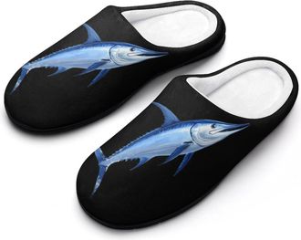 Generic Blue Marlin Fish Mens House Slippers Memory Foam Washable Cotton Slip on Home Shoes