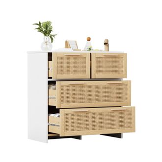 STILVORA C&oacute;moda Con 4 Cajones De Rat&aacute;n Y Tiradores De Madera Maciza, Estilo Moderno, En Mdf, Natural Y Blanco, 80&times;38&times;80 Cm