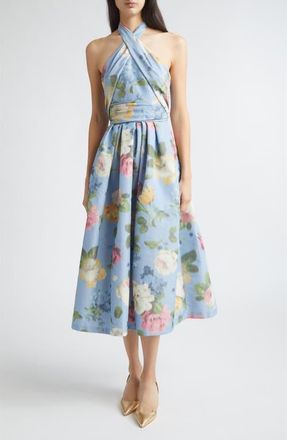 Carolina Herrera Chin&eacute; Floral Print Taffeta Halter Midi Dress in Cloudy Blue Multi at Nordstrom, Size 10