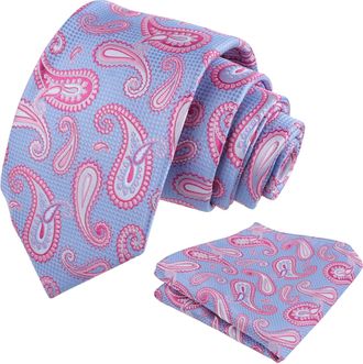 Alizeal Mens Paisley Jacquard Necktie and Hanky Set for Party Wedding Retro Tie and Pocket Square Set, Light Blue+Pink