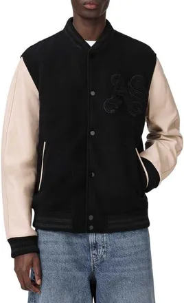 AllSaints Holloway Wool & Leather Varsity Bomber Jacket in Black/White at Nordstrom, Size Xx-Large