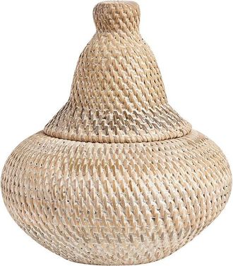Beliani Beliani - Cesta De Rat&aacute;n Natural Blanco 25 Cm Pintado Tapa R&uacute;stico Accesorio Boho Bila