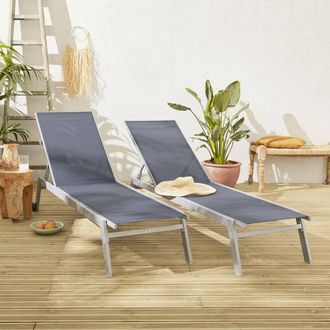 Sweeek Set Of 2 Multi-position Aluminium Sun Loungers With Wheels in Grey