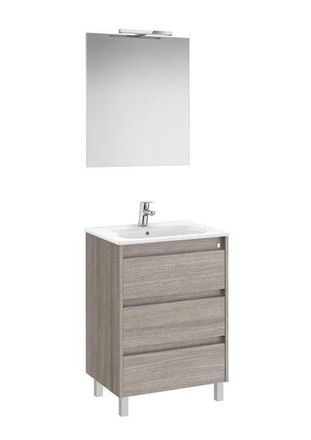 Roca Mueble Lavabo 600mm Tenet 3 Cajones + Espejo Y Aplique Led City Oak