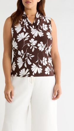 Anne Klein Floral Triple Pleat V-neck Top in Dark Chocolate/White Dove at Nordstrom, Size 0 X