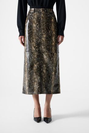 French Connection Womens Brown High Waisted High-Shine Snakeskin Midi Pencil Skirt - Size 16 UK