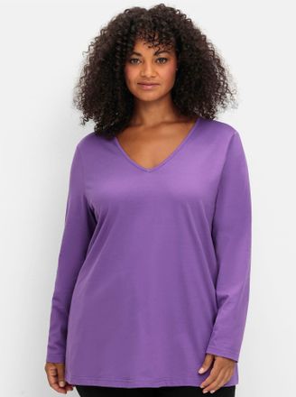 Sheego V-Shirt SHEEGO Langarmshirt, Damen, Gr. 40/42, lila, 100% Baumwolle, unifarben, V-Ausschnitt, Shirts V-Shirt