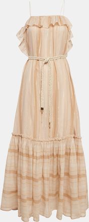 Zimmermann Beige Metallic Striped Cotton Tiered Maxi Dress