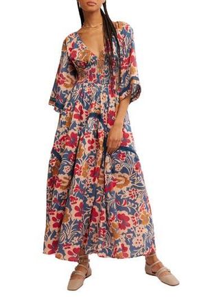 Free People Printed Smocked Waist Maxi Dress in Vintage Indigo Combo at Nordstrom Rack, Size X-Small