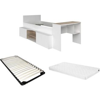 Vente-Unique Vente-unique - Letto combinato 90x190/200cm con scrivania e scomparti Bianco e Naturale + Rete a doghe + Materasso - jochiane