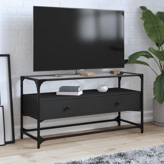 Berkfield Home TV Cabinet with Glass Top Black 98x35x51 cm Engineered Wood | Size: 98 x 35 x 51 cm