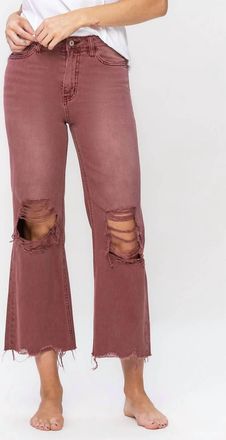 Flying Monkey High Rise Cropped Flare Distressed Jeans In Brown