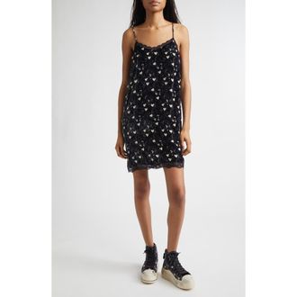 R13 Heart Print Lace Trim Crushed Velvet Slipdress in Hearts On Black at Nordstrom, Size X-Small