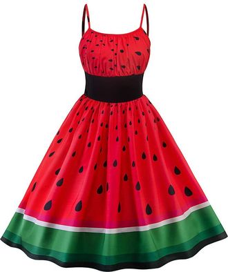 Generic Womens Watermelon Costume Dress Carnival Cocktail Dress Retro Spaghetti Strap Dress Watermelon Print Slim Waist Vintage Flare Dress Large Hem Spaghett