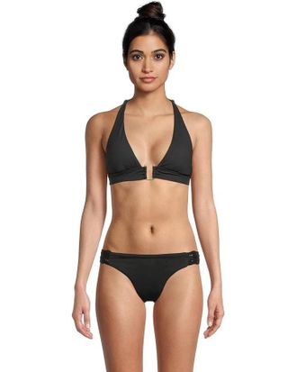 BECCA by Rebecca Virtue Modern Edge Rib Mira Buckle Halter Top Women Black Swimwear GBO2330