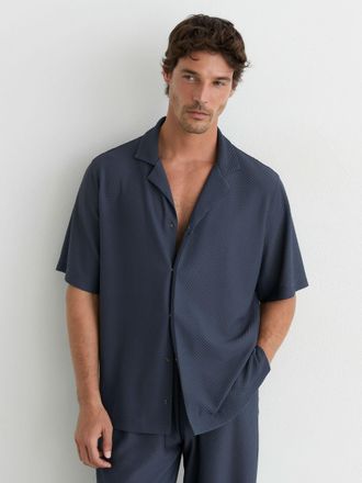 Reiss Airforce Blue Textured Cuban-collar Short-sleeve Shirt, Xxl
