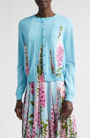 Oscar De La Renta Foxglove Embroidered Virgin Wool Cardigan in Lilac/Sky at Nordstrom, Size X-Large