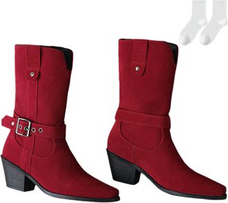 Generic Womens Western Ankle Boots in Suede Look, Fashionable Mid-Calf Boots with Buckle Straps And Comfortable Block Heel, Plus Size Non-Slip Cowboy Boots fo