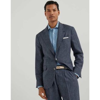 Brunello Cucinelli Mens Denim Wool Silk Checked Blazer, Size 50