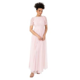 Maya Womens Ladies Maxi Round Neck Short Sleeve 3D Floral Embellished Tulle Ruffle A-line Bridesmaid Wedding Guest Dress, Crystal Pink, 22 UK