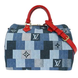 Louis Vuitton Speedy Bandouliere Damier And Monogram Patchwork Denim Blue Denim_Jeans Handbag (Pre-Owned)