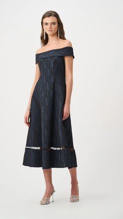 Joseph Ribkoff Foil-Textured Jacquard Off-Shoulder Fit and Flare Dress in Navy at Nordstrom, Size 12