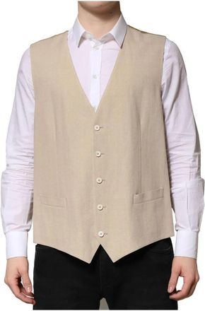 Dolce & Gabbana Beige Linnen Formeel Vest - Heren - Gillet - Beige - L - Linnen - Kostuums