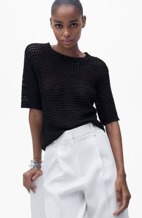 Mango Open Stitch Short Sleeve Top in Black at Nordstrom Rack, Size Medium