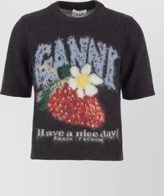 Ganni alpaca wool strawberry jacquard short sleeve sweater