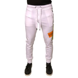 Dolce & Gabbana Mens Logo Patch Slim Fit Joggers - White Cotton - Size EU 44 (Mens)