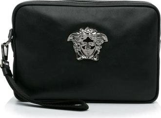 Versace Pre-owned Clutches, female, Black, Size: ONE SIZE Pre-owned Compact Zip-Around Pouch with Wrist Strap