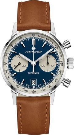 Hamilton American Classic Automatic Chronograph Leather Strap Watch, 40mm in Brown/Blue/Silver at Nordstrom