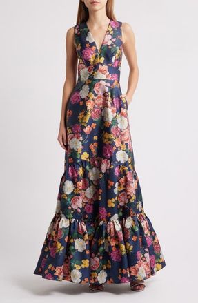 Sachin & Babi Rori Floral Sleeveless Mikado Gown in Midniight Magic Blooms at Nordstrom, Size 10