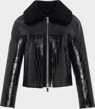 Gorski Shearling Lamb Croco Embossed Zip Jacket