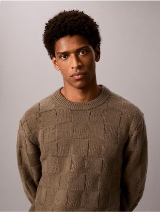 Calvin Klein Mens Textured Checkerboard Crewneck Sweater - Brown - 2XL
