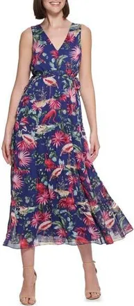Kensie Flamingo Print Sleeveless Chiffon Maxi Dress in Navy Multi at Nordstrom Rack, Size 12