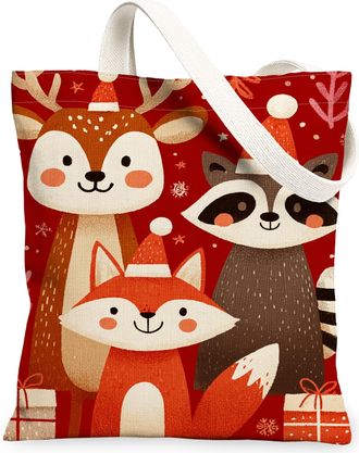 Generic Holiday Animal Canvas Tote Bags, Cute Wildlife Pattern Reusable Bags, Festive Vintage Lightweight Washable Shoulder Strap C, Red, 13x15 Inch