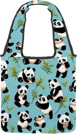 Generic Cute Panda on Blue Reversible Canvas Shoulder Tote - Double-Sided Print, 12oz Cotton, 27cm Drop, Fold-Flat Bag for Travel, Shopping, Street Outings